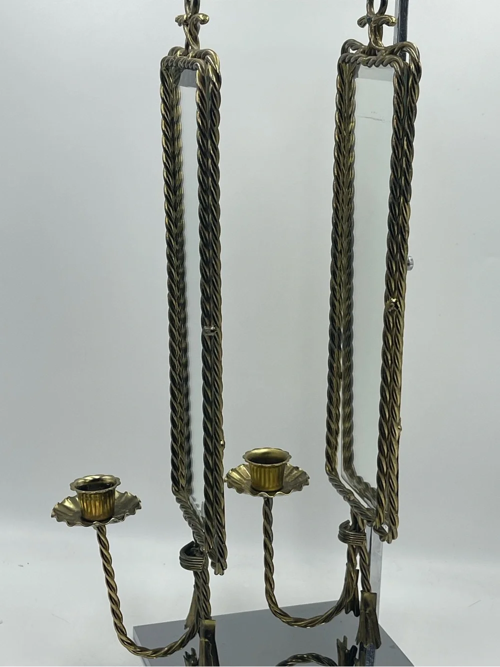 2 Mid Century Hollywood Regency Brass Rope & Tassel Mirrored Candle Wall Sconces